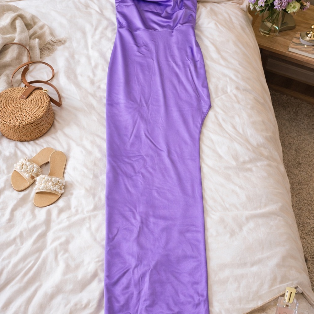 Windsor Purple Satin Maxi Slip Dress Side Slit Cowl Neck Elegant